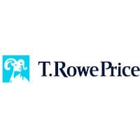 T. Rowe Price logo, black text with a light blue image of a ram.